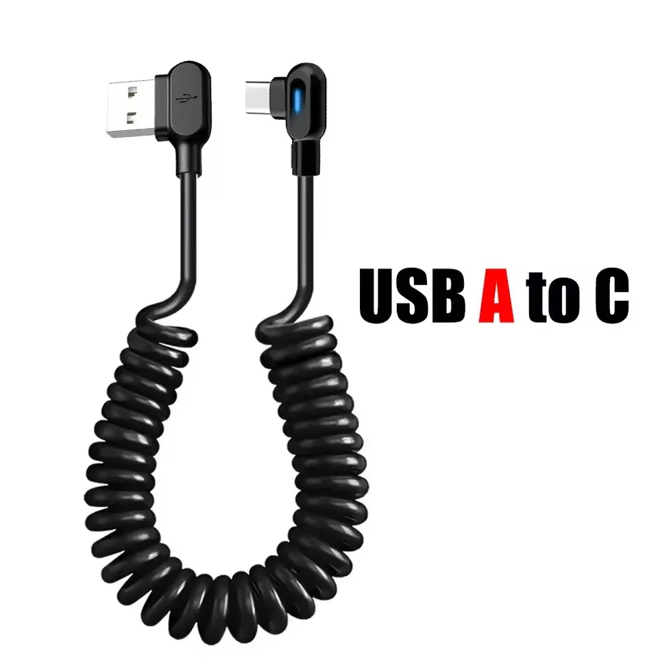 Retractable Coiled USB-C Cable, 6A Quick Charge, 90-Degree Spring Design