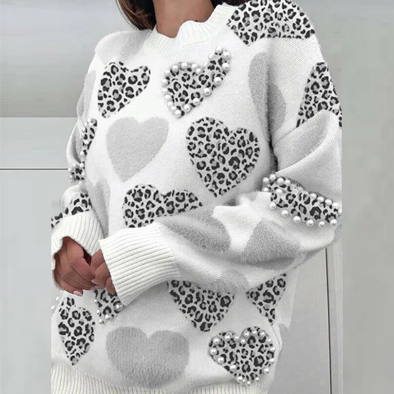 Autumn Heart Leopard Print Knit Sweater Elegant Pearl Beaded Women Sweet  Casual Sweaters Winter Warm Long Sleeve Pullover O Neck - AliExpress