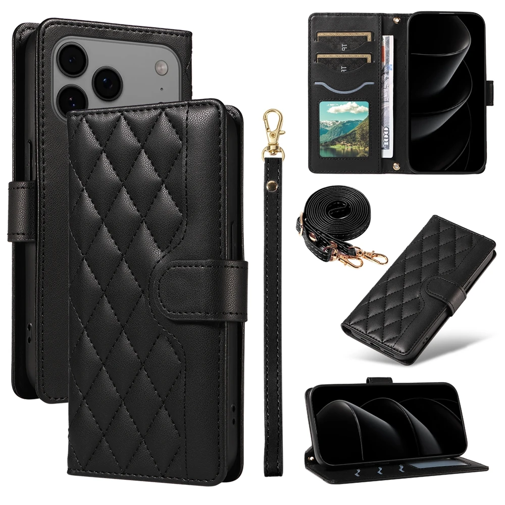 Elegant Leather Lanyard Wallet Magnetic Phone Flip Case & Purse Cover