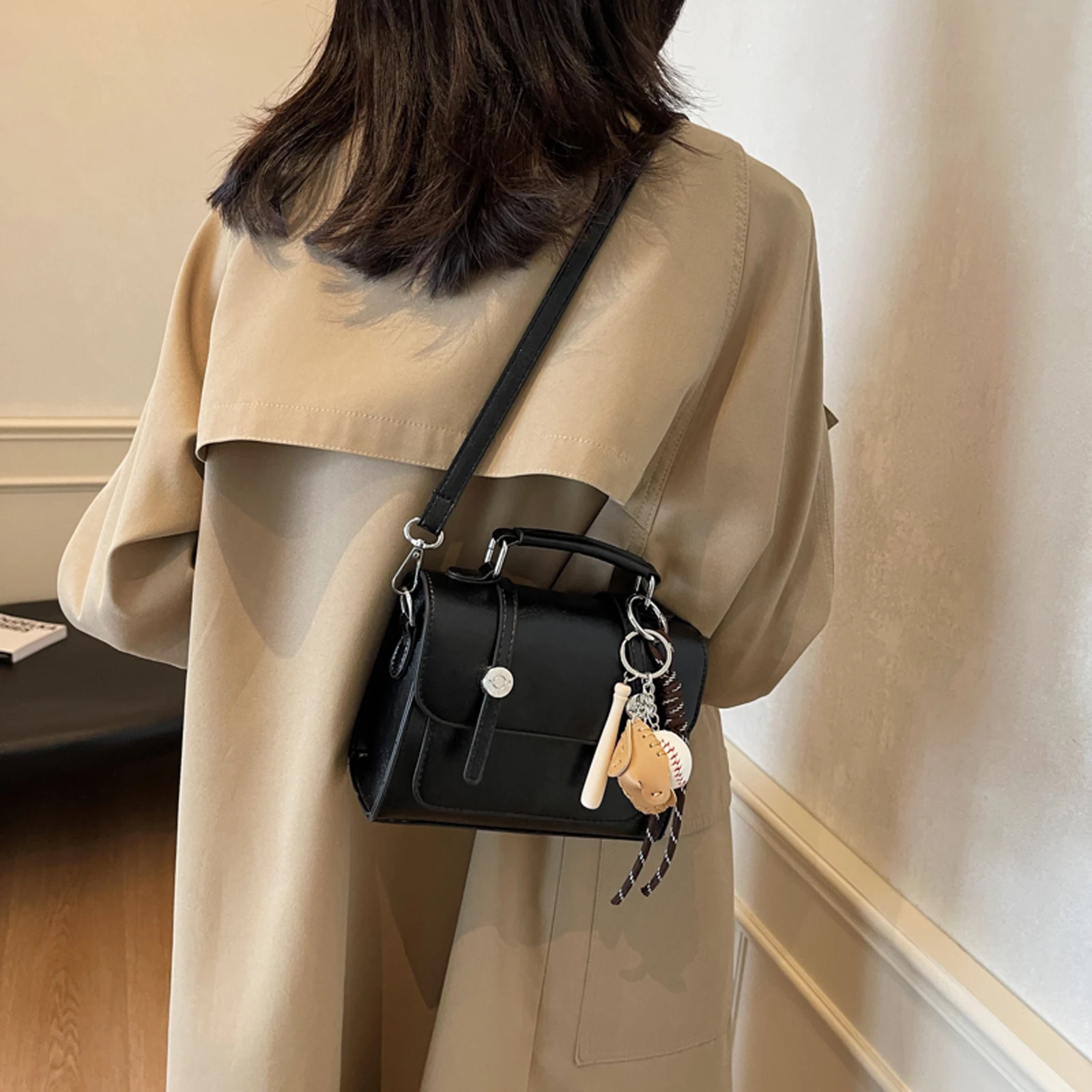 PU Leather Crossbody Bag with Pendant Backpack Fashion Square Bag for Women Work Shopping Travel