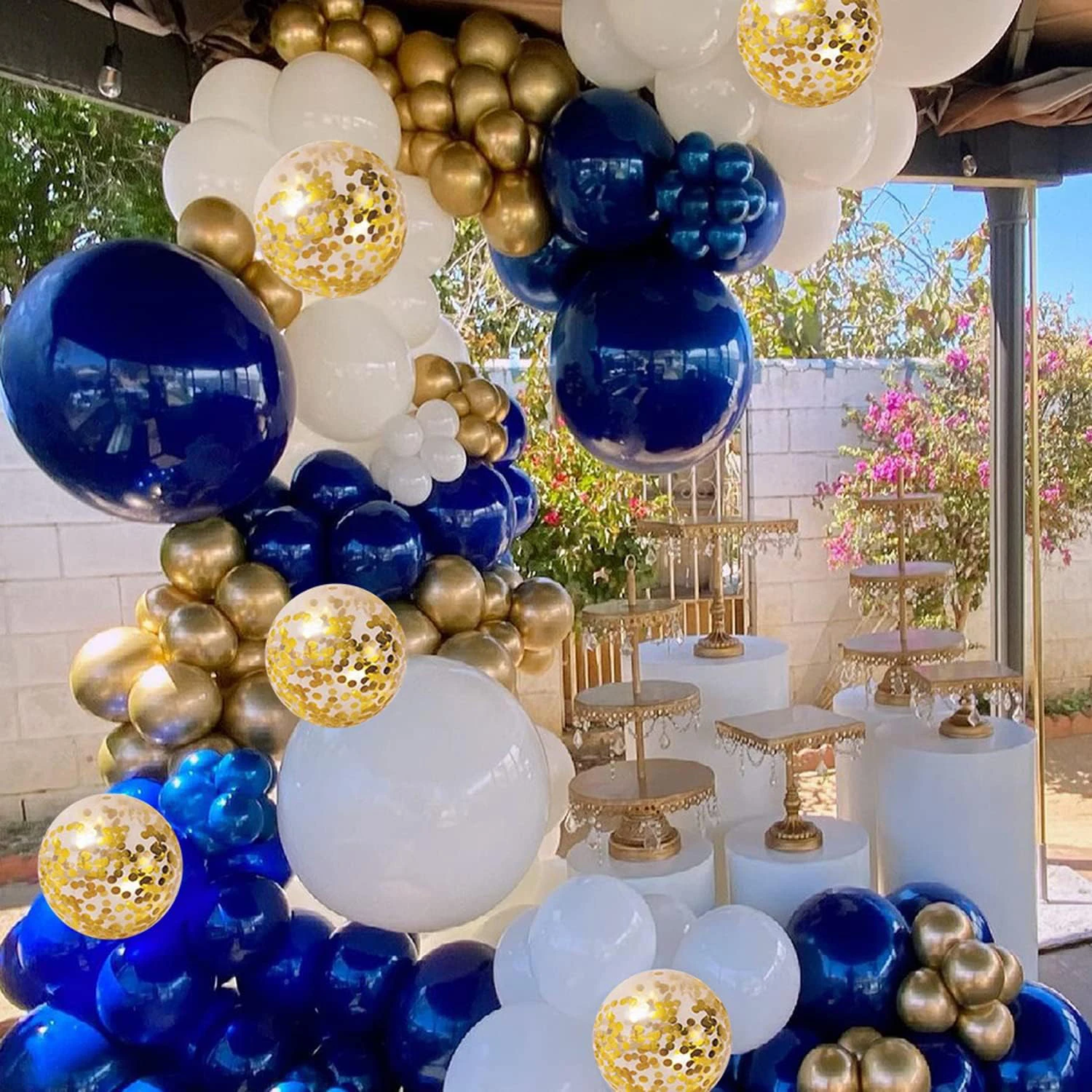 Blue gold balloon wreath set with 131 pieces of blue gold white colorful confetti balloon arch set, with balloon accessories, su -