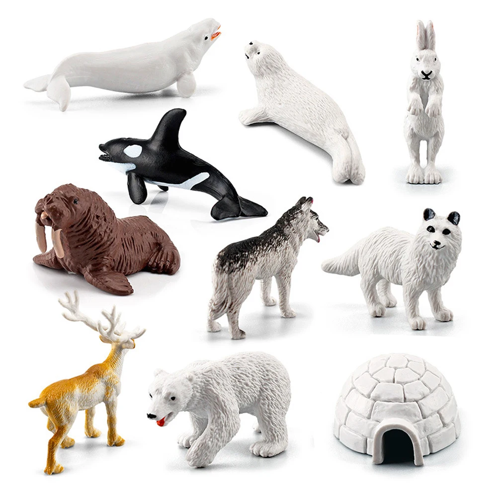 

10Pcs Arctic Animal Polar Bear Reindeer Killer Whale Seal Wolf Rabbit Fox Beluga Walrus Siberian Husky Igloo Novel Children Toys