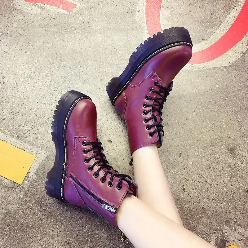오토바이 여성용 청키 플랫폼 앵클 부츠, 부드러운 가죽 신발, 웨지, 레이스업 플랫폼, Mujer 2024, 겨울