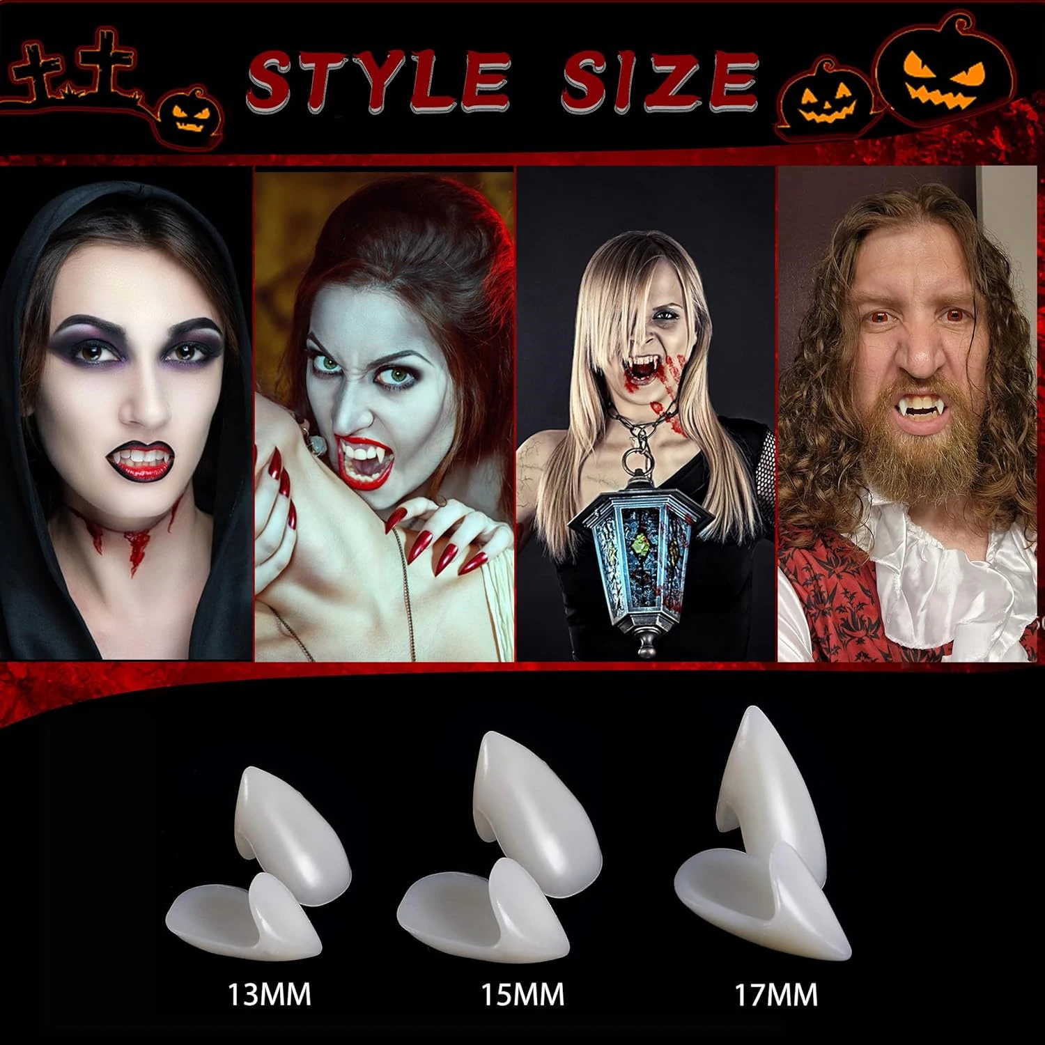 3 Paires De Dents De Vampire Halloween - Tailles 13, 15, 17 Mm - Résine Médicale + Colle