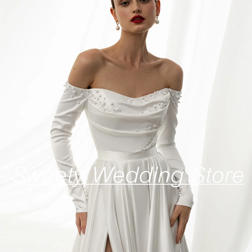 Wedding Dress 2024 New Arrival Long Sleeves Boat Neck Pearl Slit Satin Bridal Gown Court Train A Line Bride Dresses for Woman 4