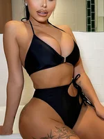 INGAGA Sexy Halter Bikinis Set 2022 Woman Solid Swimsuit Tie Side Swimwear Women High Waist Beachwear Buckle Decor Bathing Suit