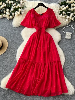 Retro Square Collar ature Sve aped Waist Ironed Diamond Chiffon Dr Women Summer Slimming Dra Long Skirt 1