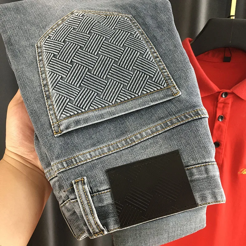 Twill Plaid jeans men's fashion high-end affordable luxury men's slim fit stretch all-matching trendy casual pants