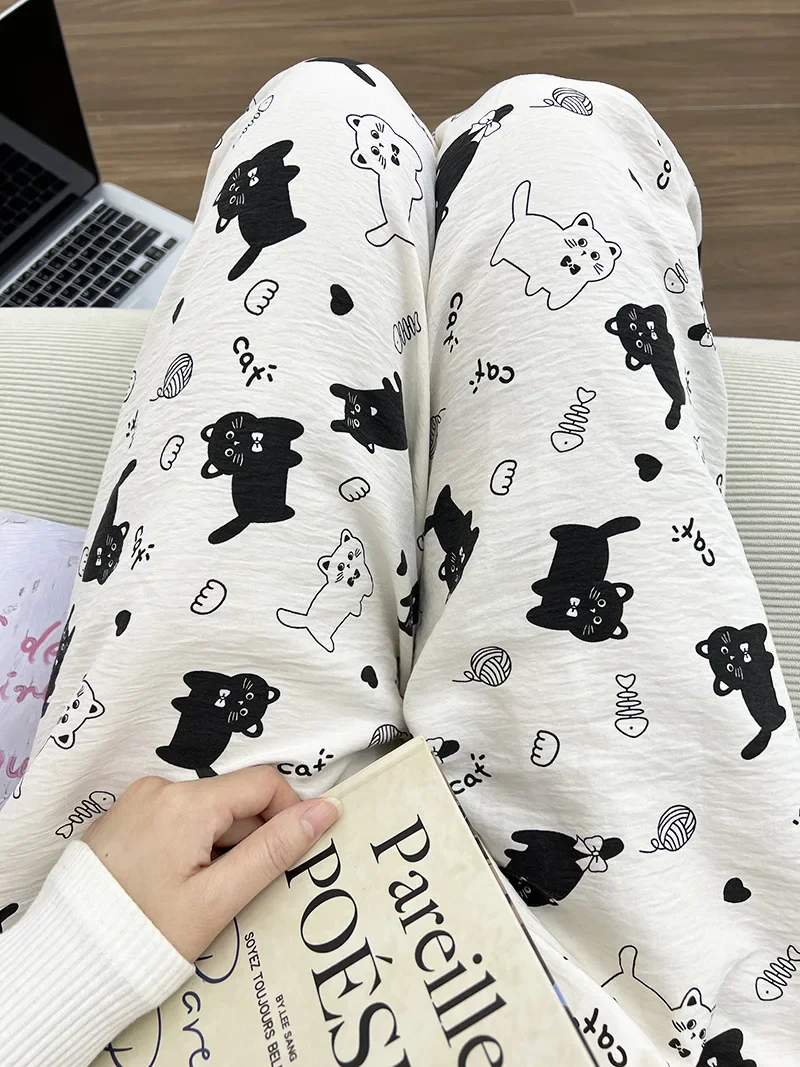 Pyjama Hosen Frauen Sommer Weiß Cartoon Kätzchen Hosen Dünne Student Hause Hosen Regenbogen Streifen Hohe Taille Gerade Bein Lose – Detail 10