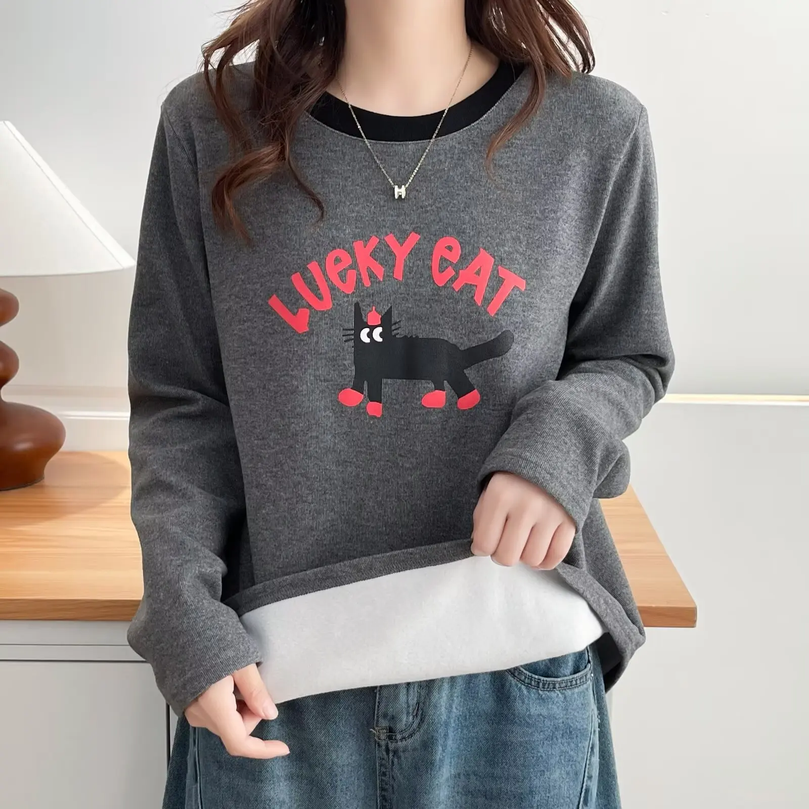 XXXXL Fashion Plus Size Women's T-Shirt 2025 Autumn Winter New Style Youthful Color Block Printed Cartoon Fleece Warm Base Tops