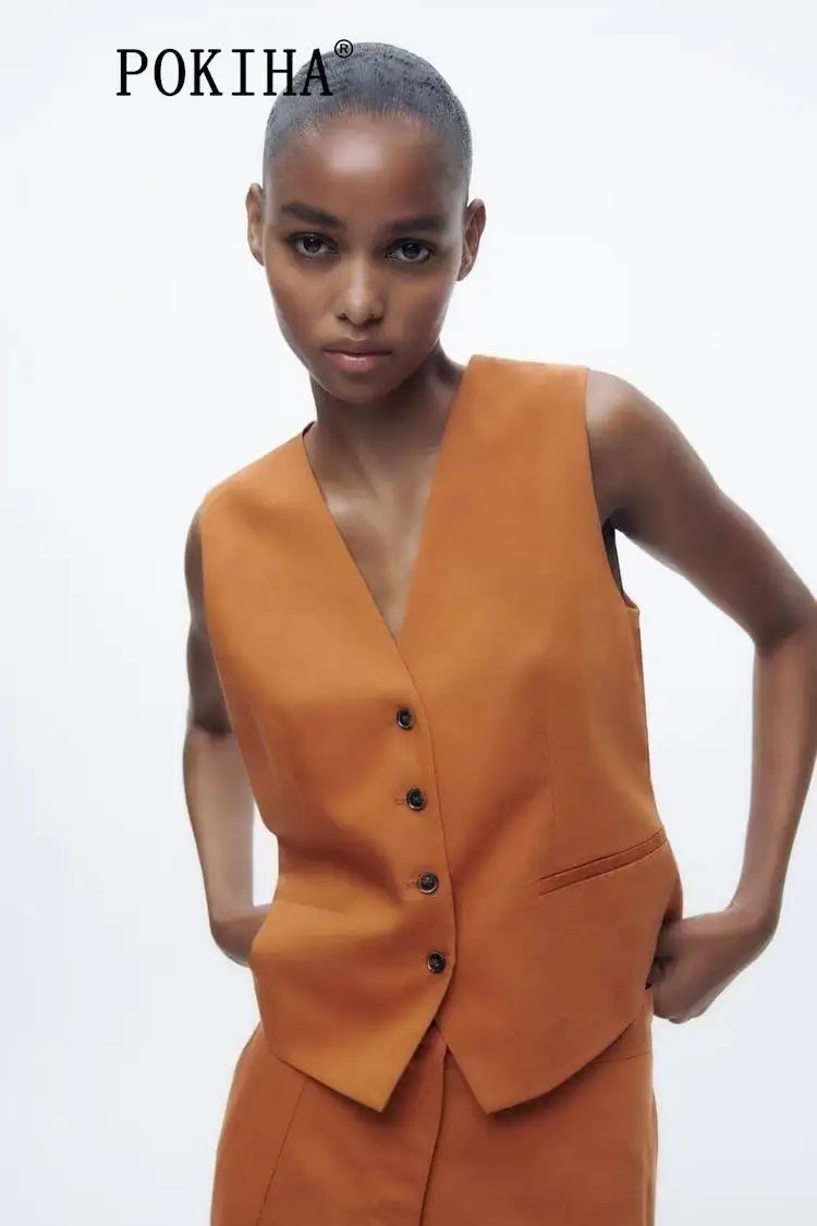 Pokiha Fashion Women Vintage Linen Front Buttons Cropped Waistcoat And Elegant Mid Waisted Midi Dress Female Chic Two_voghion.com