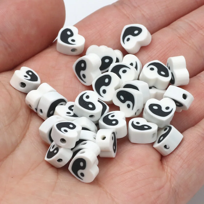 Black White Clay Beads 20pcs/lot Beads With Cartoon Pattern Polymer Beads  For Jewelry Making DIY Key Chain Earrings Accessories