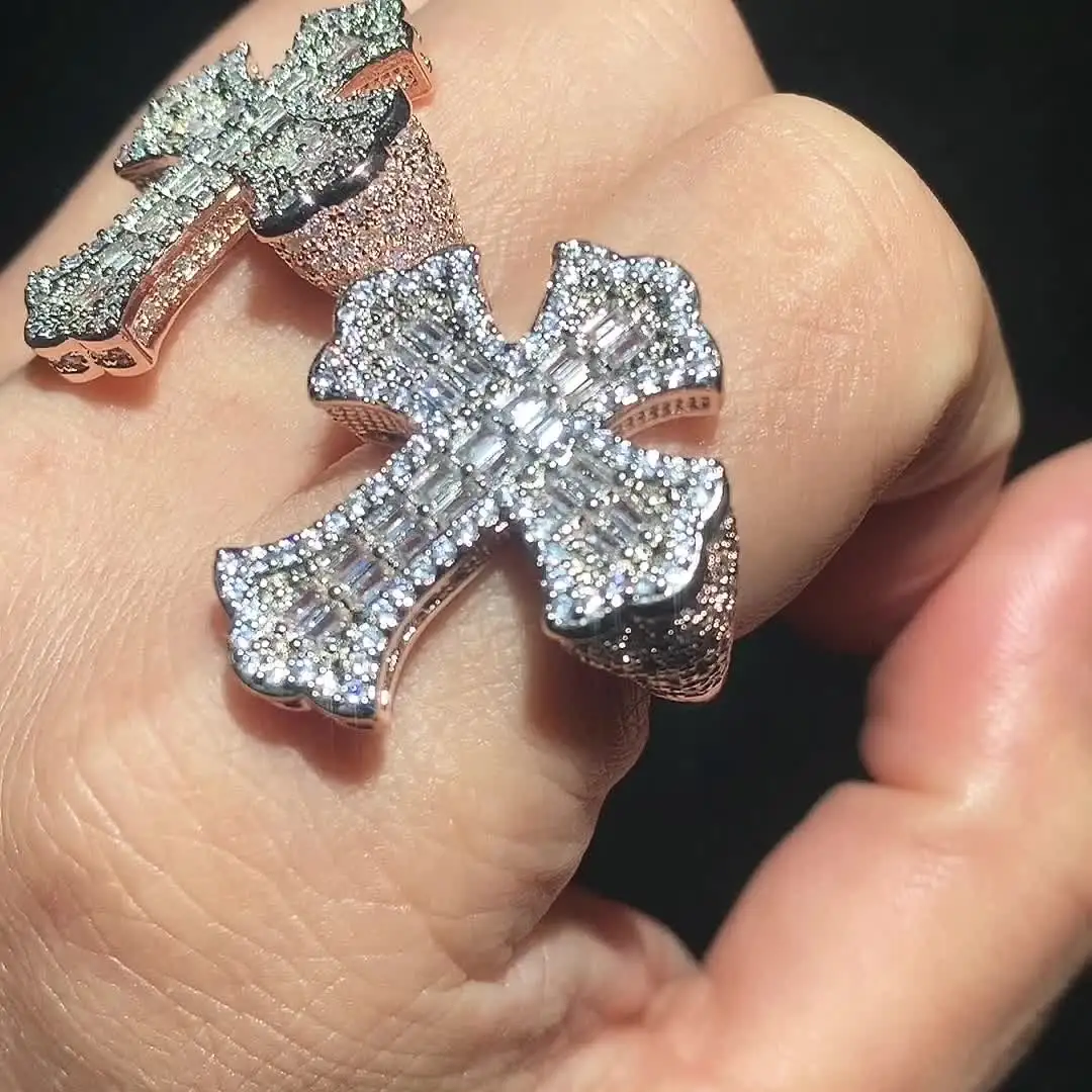 Iced Out Cubic Zircon Bling Cz Paved Розовое золото Цвет Крест Палец Кольцо Мода Мужчины Хип-Хоп