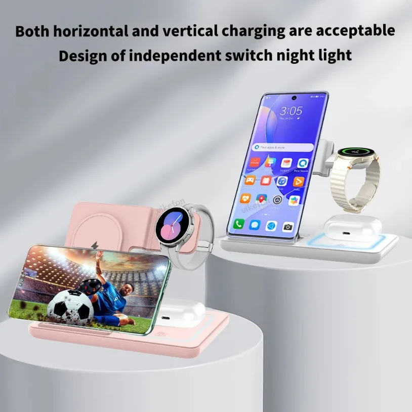 Foldable 3 in 1 LED Light Wireless Charger Stand For Samsung S24 S23 Galaxy Watch 2-8 Active 1 2 Buds Pro Fast Charging Station