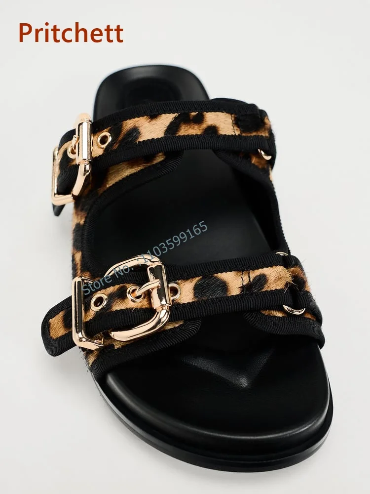 Leopard Print Buckle Decoration Slippers Round Toe Black Bordered Flat with Slip On Shoes Comfortable Outdoor Concise Shoes