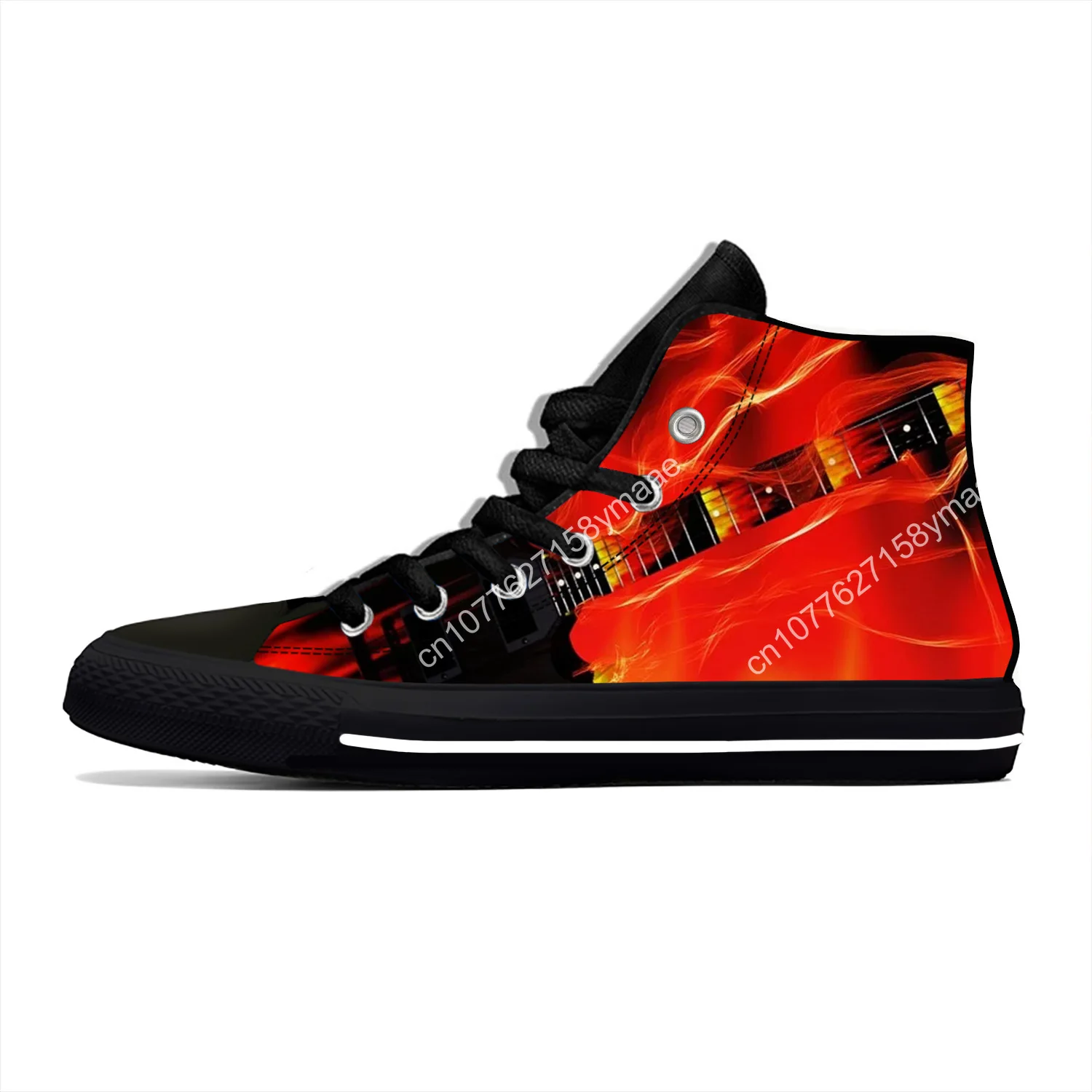 Hot Fire Flame Music Funky Guitar Rock Fashion Lightweight High Top Canvas Shoes Men Women Summer Casual Breathable Sneakers