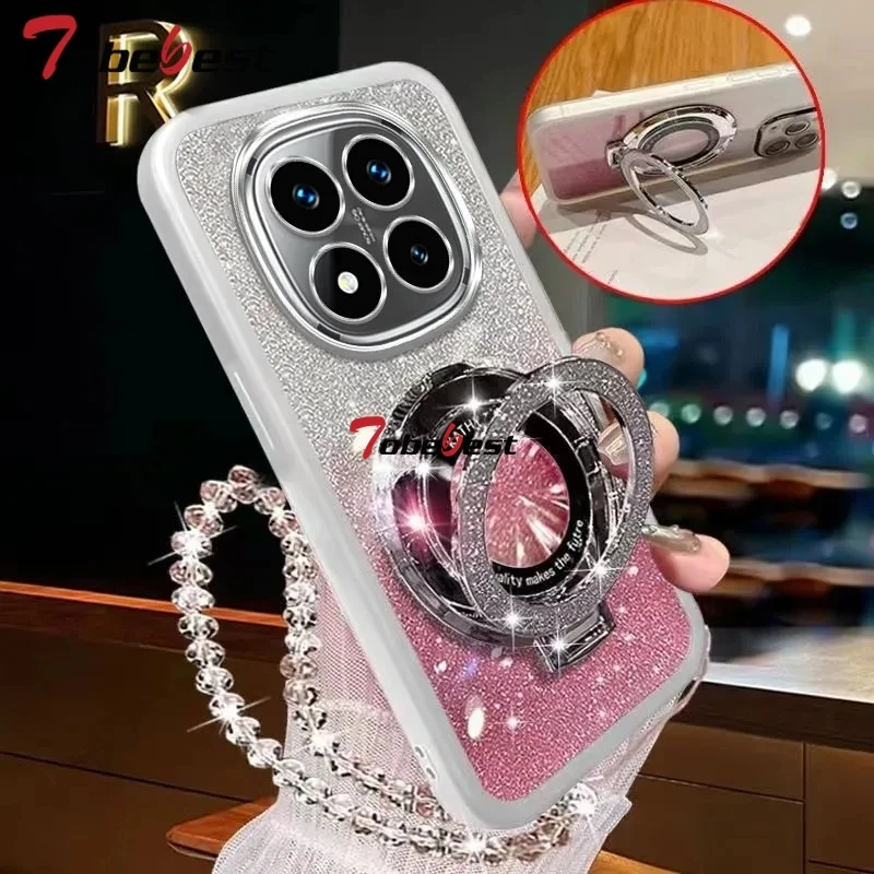 Glitter Crystal Bracelet Magsafe Phone Holder Case For Xiaomi Redmi Note 14 Pro Plus 4G 5G Gradient Soft Back Cover 5