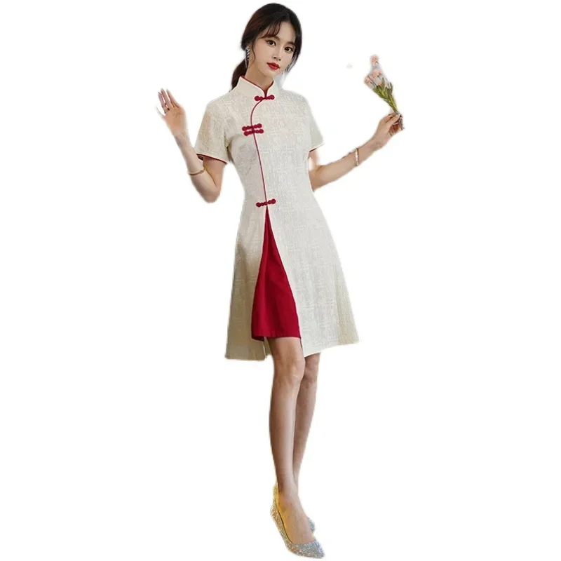 chinese dress Vintage Chinese Traditional Casual Party Women Qipao Dress Summer Stand Collar Short Sleeve Cheongsam CNY