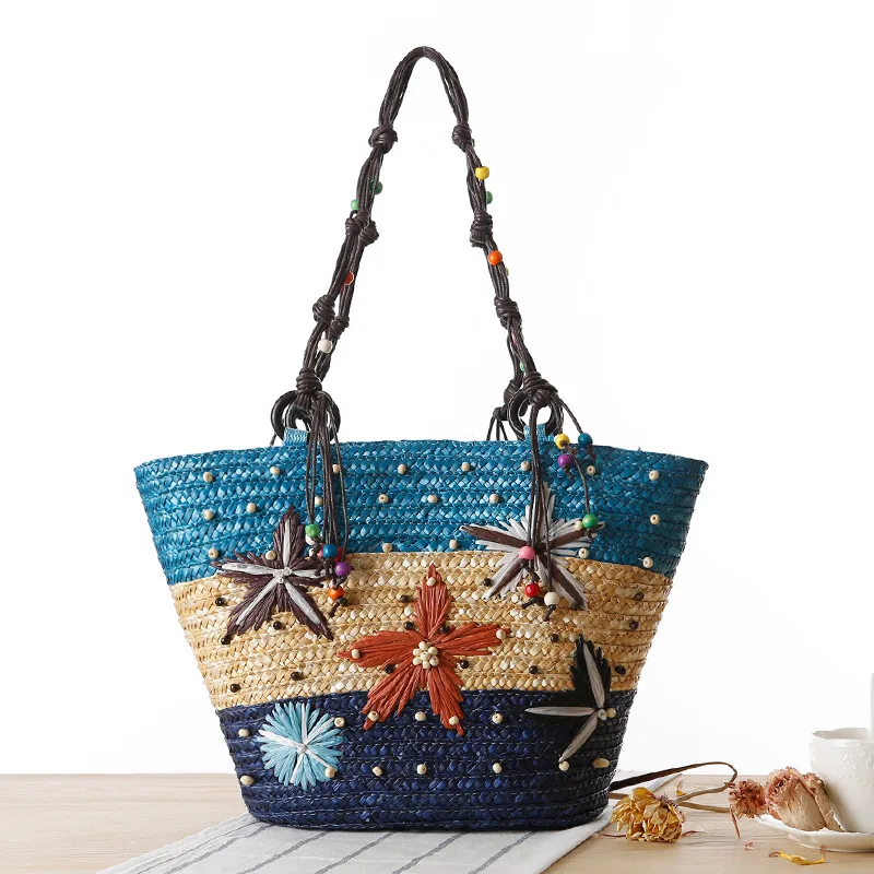 Women's New Bohemian Hand Embroidered Starfish Straw Woven Bag Beaded Handbags For Ladies Summer Handle Tote Shoulder Bag