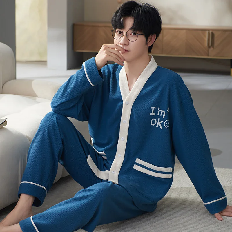 

Men's Pajamas Spring And Autumn Cotton Long Sleeved Pants 2023 New Loose Plus Size Western Home Furnishing V Neck Japanese Wind