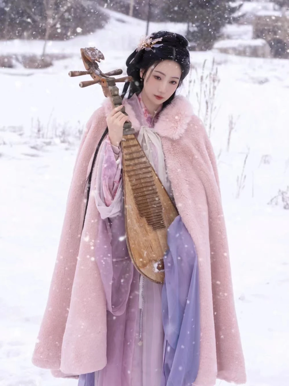 

Winter Fleece Lined Padded Warm Keeping Hanfu Cloak Female Chinese Style Winter Long Cape Pure Color Comfort Fur Collar