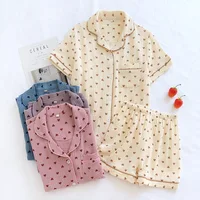 New summer women's pajamas short-sleeved shorts two-piece set 100% cotton crepe loungewear cute love breathable large size suit