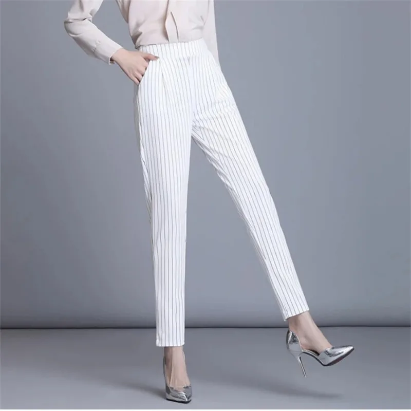 Korean Office Striped Pencil Pants Elegant Korean Spodnie 4xl Broek Women Casual Slim Pantlones High Wasit Formal Harem Trousers
