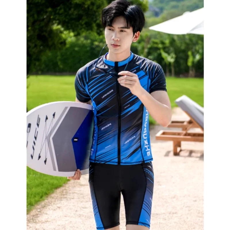Men's 2pcs Full Set Rash Guard, UV Sun Protection Quick Dry Swim Shirt+Boy Shorts, Water Surf Swimsuit Bath Suits Lycra Clothing