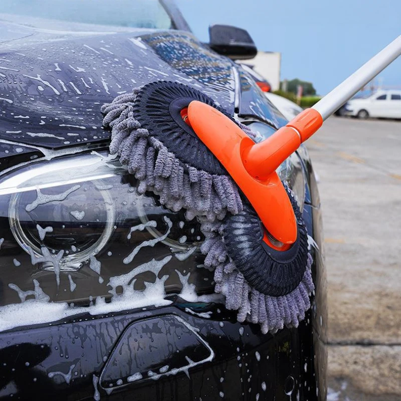 Car Washer Mop Washer Car Mop Foam Wash Chenille Brush Double Brush Head Roof Window Cleaning Maintenance Three-Section Telescopic