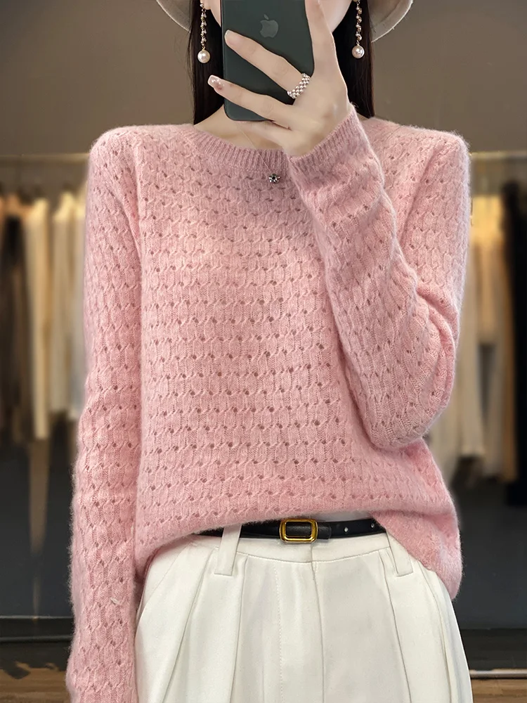 

Spring Summer Women Sweater 100% Merino Wool O-neck Hollow Out Long Sleeve Pullover Soft Knitwear Korean Fashion Women Clothing