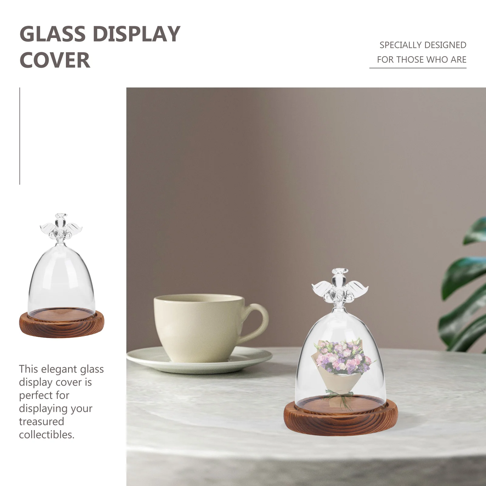 Angel Glass Cover Display Dome Candlestick Holders with Wood Base Mini Eternal Flower Vase Paper Cup Decorative Design 6