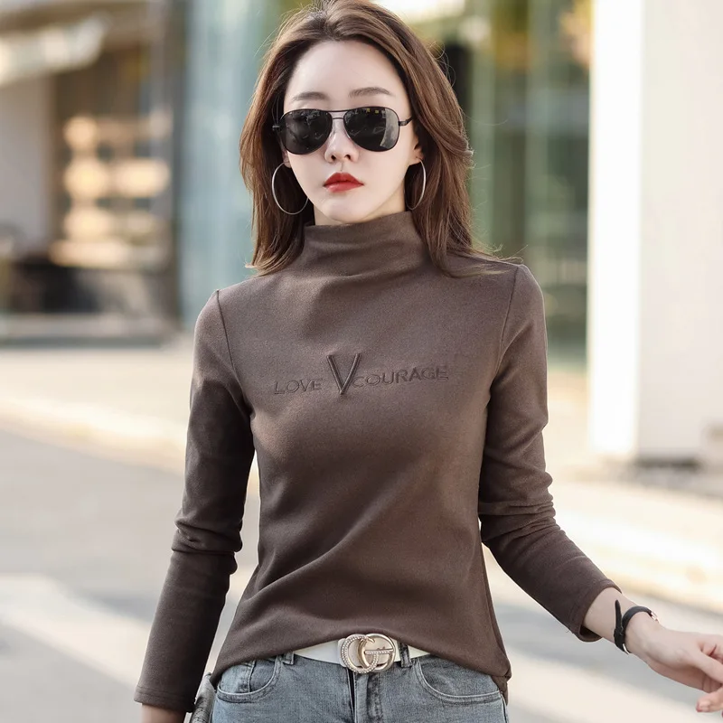 

Женская бархатная утепленная водолазка с вышивкой, универсальная Облегающая рубашка с буквенным принтом, топ Y2k в стиле Харадзюку, Осень-зима 305