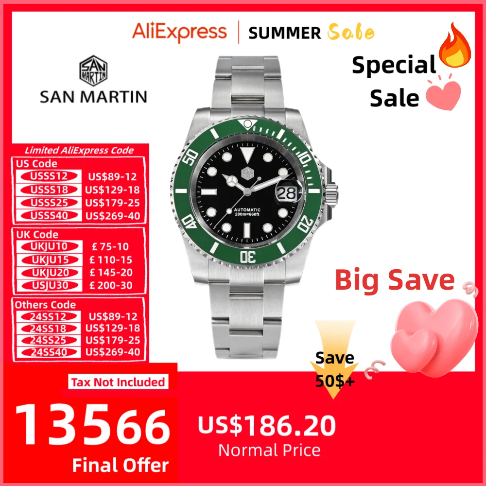 Часы San Martin Мужские механические водонепроницаемые (20 бар) с сапфировым стеклом, 40 мм