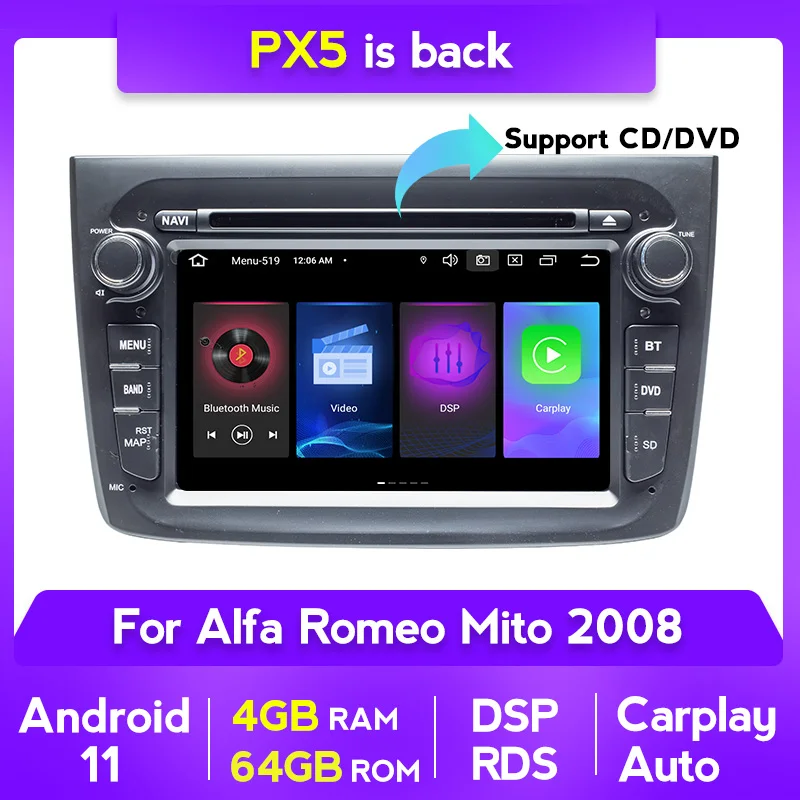GPS Autoradio Mito Autoradio Android 7" Pour Alfa Romeo Mito 2008-2016 - 2Go/64Go, CarPlay Sans Fil, GPS, Caméra Recul Carplay Sans Fil Android Auto