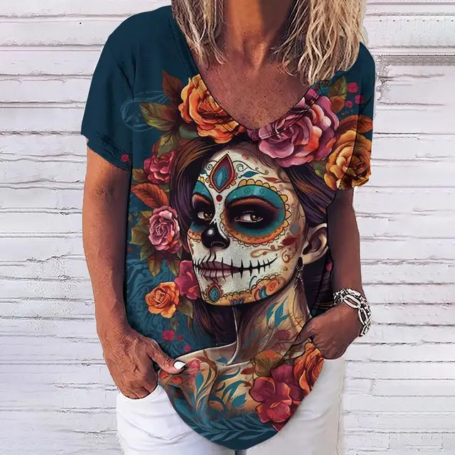 Summer 2023 New 3D Horror Skull Print Womens V-neck Top Short Sleeve T-shirt