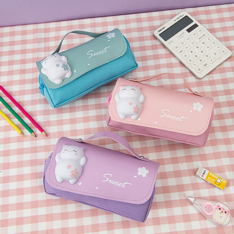 Pencil Case Big Portable Girls Pen Bag Double Layer School Pouch Kawaii Cat Large Capacity Stress Relieving