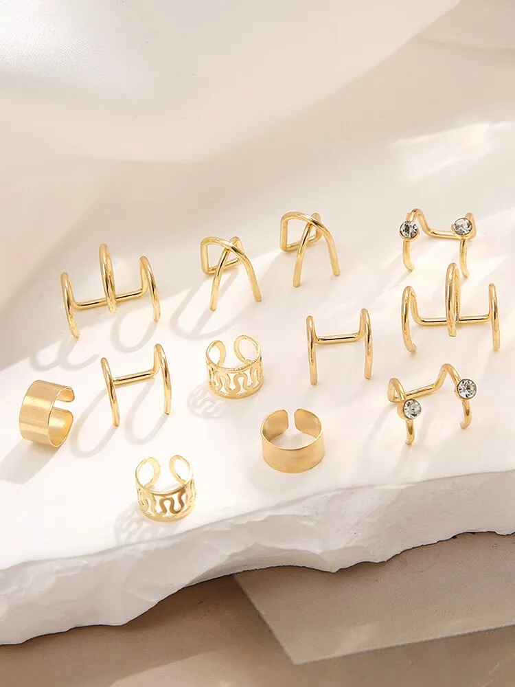 Ear clip earrings clip earrings ear clip ear accessories 12 Pieces Vintage Gold Silver color Ear clip earrings set Crystal Non-piercing ear cuff Hollow Women trendy jewelry