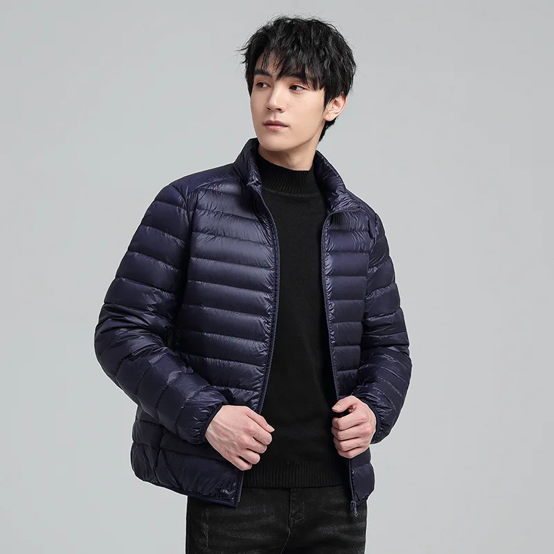 Autumn Winter Men's Lightweight Warm Cold Resistant White Duck Down Coat Fashion Casual Versatile Standing Collar Jacket