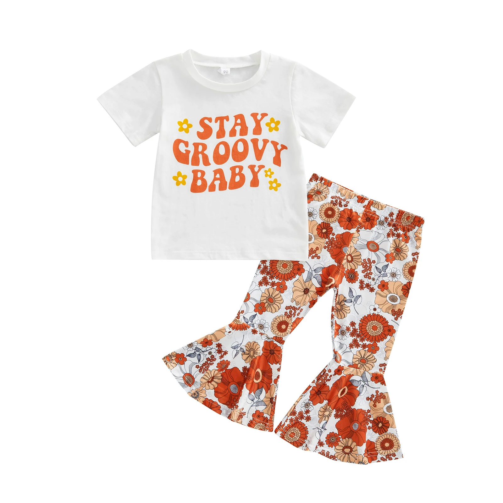 2022 0-6Y Stay Groovy Baby Kids Girl Clothing Letter Print Round Neck Short Sleeve T-shirt+Floral Flare Pants Sweet Summer 2pcs athletic clothing sets	