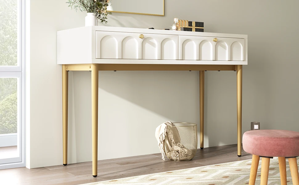 Schminktisch mit 2 Schubladen, Höhe 76,5 cm, Maße 76,5/H, 100/B, 45/T cm, cremeweiße Ausführung. – Detail 20
