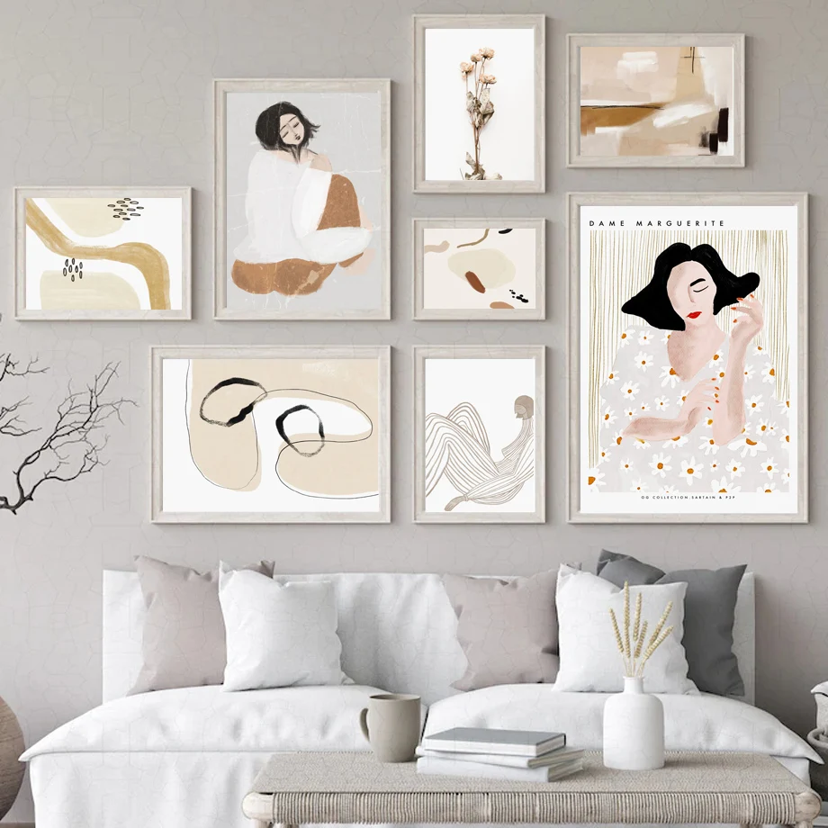 

Abstract Nordic Poster for Living Room, Woman, Striped Flower, Sleepwear, Line Face, Wall Art Print, Canvas Painting, Decor Pict