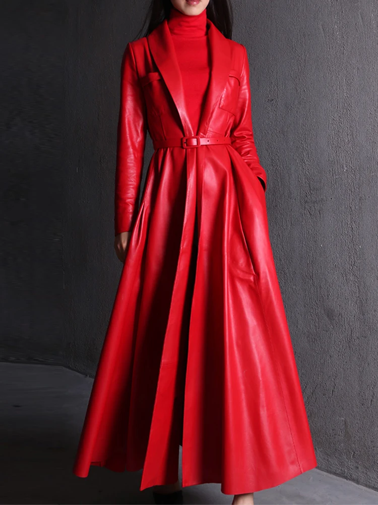 Long Leather Coat Maxi Fit And Flare Leather Trench Coat For Women