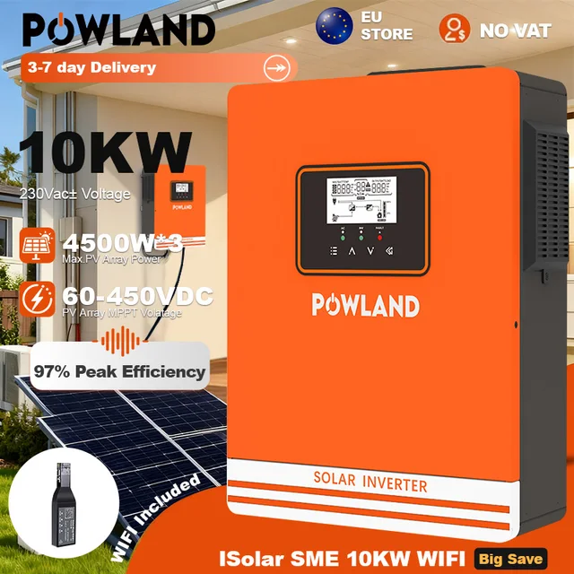 POWLAND onduleur solaire 10KW MPPT 4500W * 3 entrée PV 60-450VDC prise en charge fonction CT onduleur à onde sinusoïdale Pure pour système d'énergie solaire 1