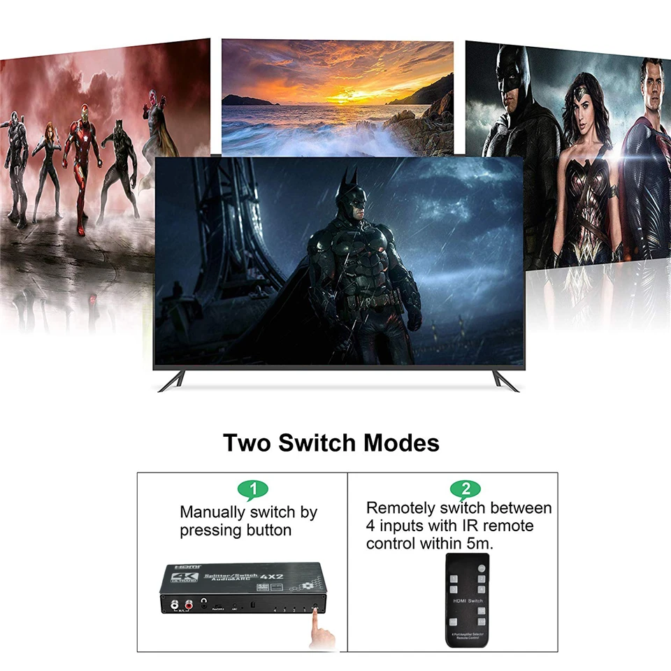 2025 4K HDMI Switch 4x2 with Remote Optical Toslink & Coaxial 4 In 2 Out HDMI S