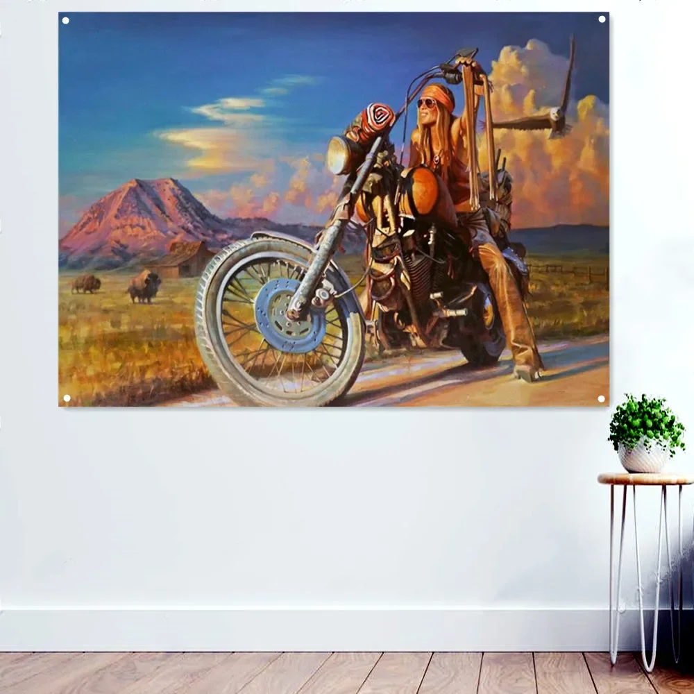 Easy Rider Moto Wall Art Poster E Stampe Banner Flag Man Cave Garage Locomotiva Riparazione Negozio Wall Decor Pittura Arazzo