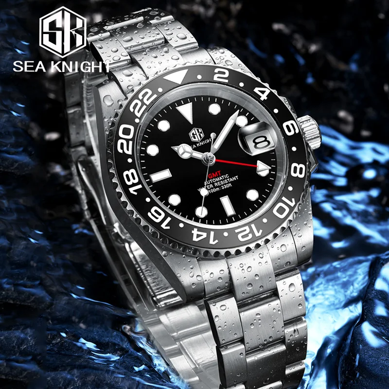 

Мужские светящиеся механические наручные часы Sea knight C3, нержавеющая сталь, Водонепроницаемость 100 м, сапфировое стекло, мужские часы GMT