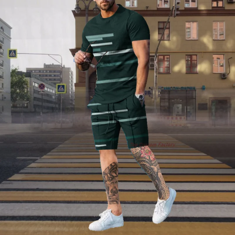 

Men's Tracksuit 2 Piece Set Summer Stripe Sport Hawaiian Suit Short Sleeve T Shirt And Shorts Casual Fashion Man Clothing