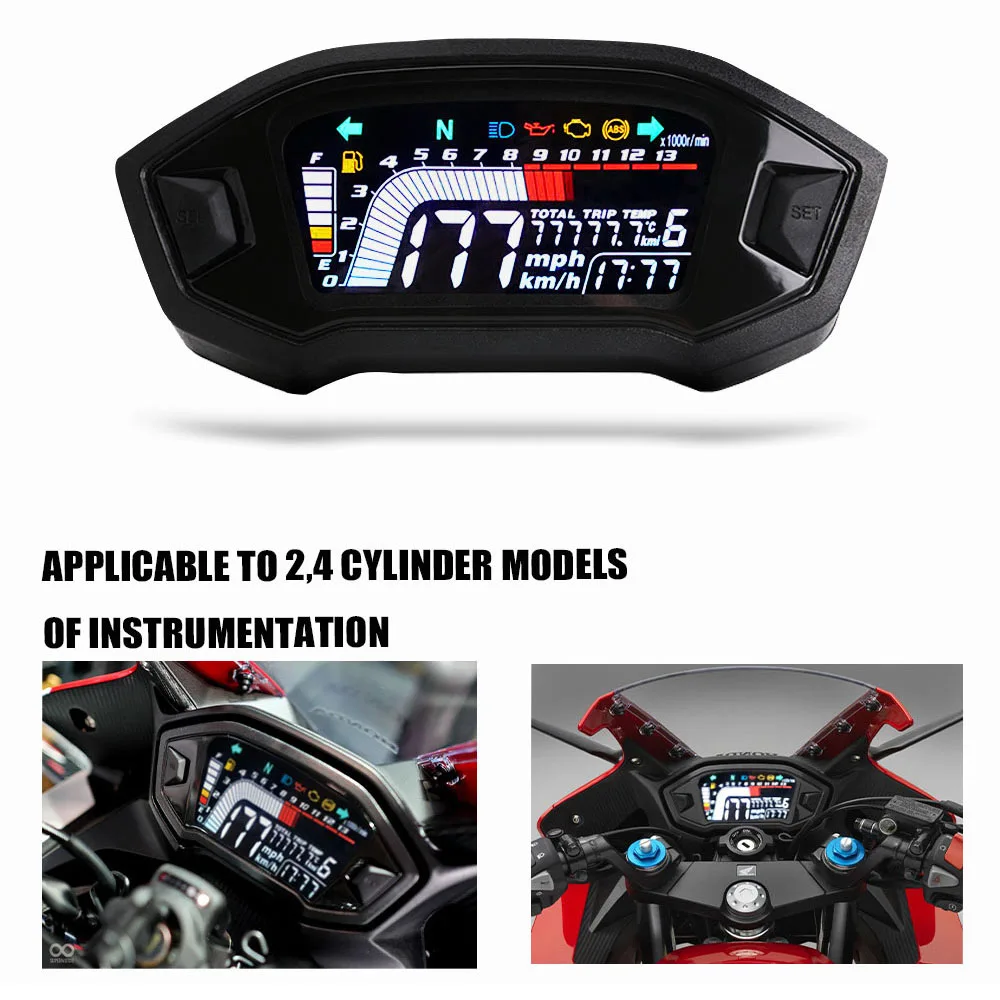 오토바이 속도계 범용 타코미터 LCD 디지털 주행 거리계 연료 레벨 미터 14000RPM 199km/h 1,2,4 실린더용