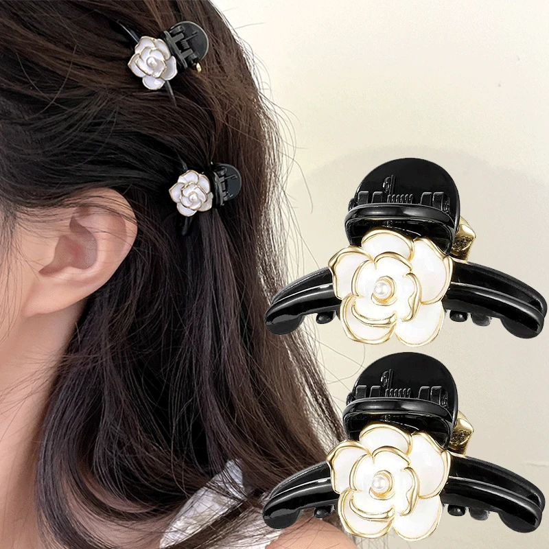 

2PCS Enamel Camellia Hair Claw Clip Clamp for Women Girl Flower Hair Clips French Fashion Back Gripper of Head Hair Accessories