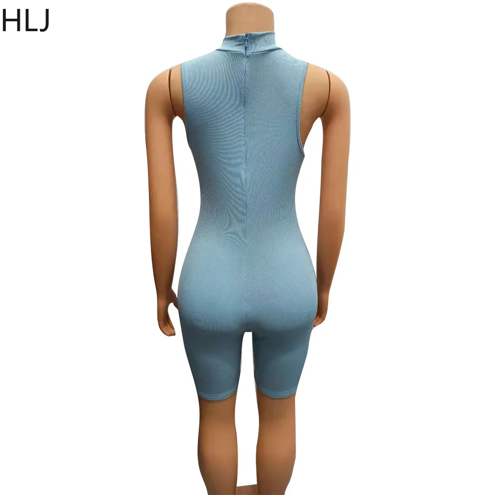 HLJ Summer Solid Color Sporty Rompers Women Round Neck Sleeveless Bodycon Jumpsuits Casual Female Ribber One Piece Overalls 2023
